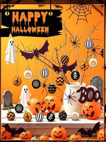 8pcs/16pcs/24pcs Set Flat Wooden Ball Ornaments, Suitable For Halloween Decoration, Including Ghost, Spider, Pumpkin And Skull Patterns; Suitable For Haunted House Decoration, Halloween Party Tree Ornaments, Window Display And Atmosphere Props - Multicolor - View 4