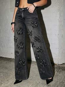 Women's Vintage Fashion Washed Black Straight Leg Jeans, Patchwork Design, Button And Zipper Fly, Y2K Style - Black - View 5