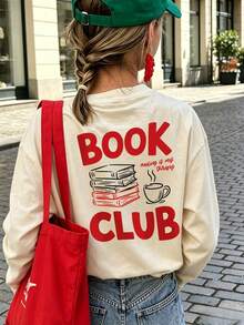 Girls Book Club Slogan Double-Sided Print Long Sleeve Tee, Book & Coffee Graphic Fall Top - Apricot - View 2