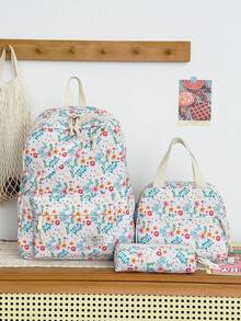 3 PiecesCasual College Style Floral Pattern Backpack Set, Includes Backpack, Lunch Bag And Pencil Case, With Laptop Compartment, Adjustable Shoulder Straps, Multi-Pocket Large Capacity, Multi-Function School Bag Set, Suitable For Girls/Teens/College Students/Graduates Daily Use/Vacation/Travel/Back To School. - 2347 - View 15