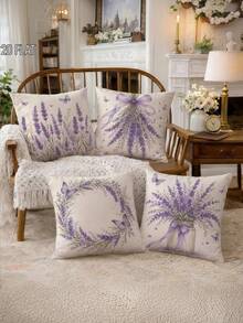 2D Plano 4 Peças Capas de Almofada Floral Lavanda Borboleta Violeta Creme Rústico Decorativo Impressão Unilateral para Sala de Estar Quarto Sofá Cama Decoração Sem Enchimento de Almofada - Lavanda - Visão 4