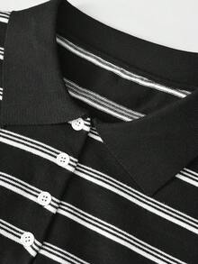 Kaos Lengan Panjang Bergaris Kasual Wanita (Garis Acak) untuk Liburan - Hitam - View 5