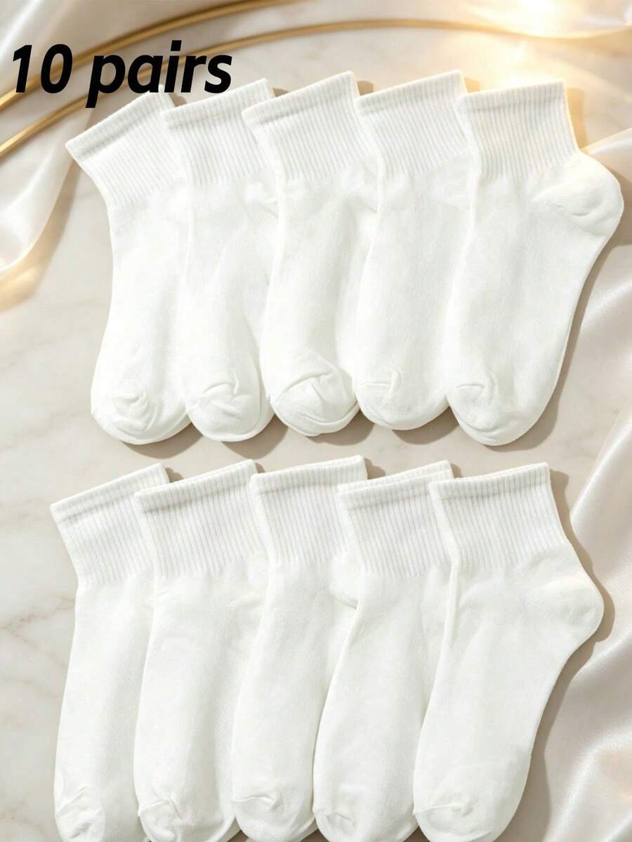 10 Pasang Kaos Kaki Olahraga Wanita Musim Panas Berwarna Polos yang Bernapas, Panjang Setengah Betis - Putih - View 1