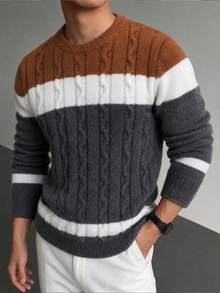 1pc Boys/Teenagers Back To School Season Simple Versatile Autumn/Winter New College Style Color Block Sweater - Brown - View 2
