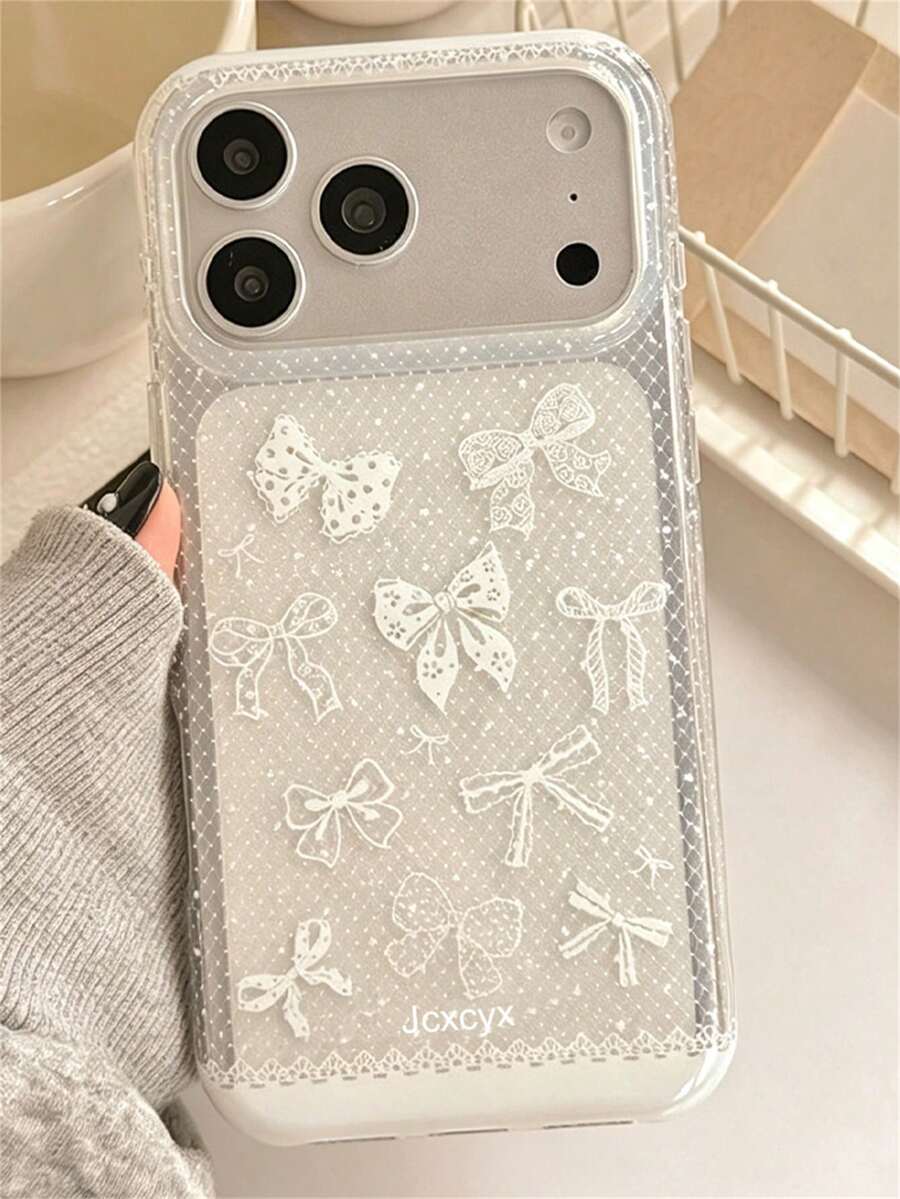 Fashionable Minimalist Cute Lace Bow Pattern Phone Case, Compatible With IPhone 17 Pro Max 17 Pro 17 16 Pro Max 15 14 13 12 Pro Max, Lens Protection Back Cover - White - View 1