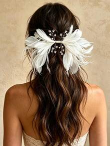 1pc Ethereal White Faux Feather Pearl Crystal Hair Clip, Bridal Wedding Dress Side Clip, Luxury Wedding Banquet Headpiece - Multicolor - View 6
