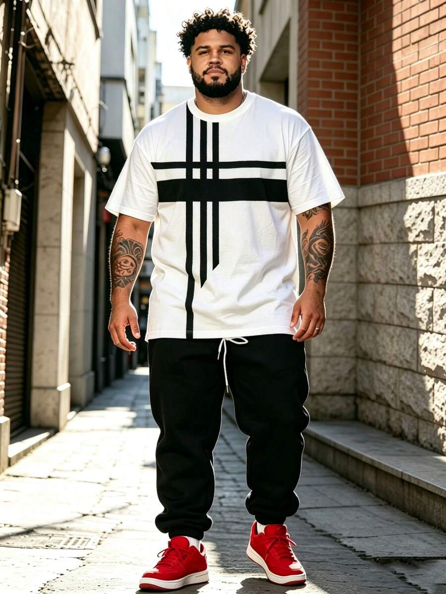 2pcs Plus Size Men's Pure White Base Black Geometric Horizontal & Vertical Intertwined Line Print Crew Neck Short Sleeve T-Shirt, Loose Fit Sports - Black and White - View 1