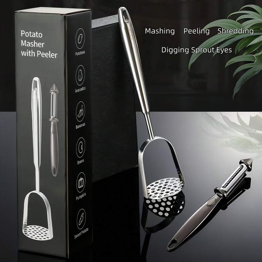 304不鏽鋼馬鈴薯壓泥器附多功能蔬菜削皮器,廚房工具組,適用壓泥、削皮、切絲與挖孔 - 彩色 - 查看 1