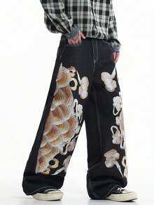 Justice Brother 1pc Hong Kong Style Graphic Print Men's Loose Wide Leg Denim Jeans, All Season Versatile Long Pants (Belt/Accessories Not Included) - Black - View 4