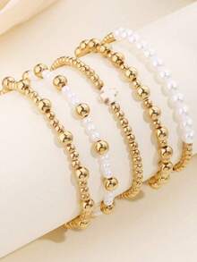 5pcs French Vintage Niche Design INS Style Cross & Faux Pearl Multi-Layer Stackable Bracelet Set For Women, Suitable For Daily Casual, Outings, Banquets, Music Festivals And Party Events - Gold - View 4