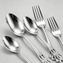 European Vintage Embossed Hollow Handle Stainless Steel Cutlery Set | Gold/Silver Mirror Polished, Non-Slip And Dishwasher , Multi-Piece Set, Suitable For Western Dining And Party Decoration - Silver - View 5