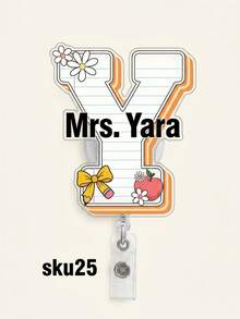 Custom Letter Floral Teacher Badge Reel, Personalized Name Text Acrylic ID Clip, Cute Notebook Apple Retractable Name Tag For School Office - Multicolor - View 32