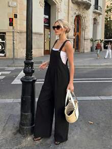 Women's Solid Color Button Pocket Strap Jumpsuit Wide Leg Pants - Black - View 1