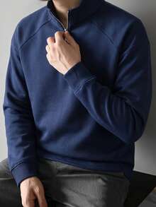Men's Half-Zip Stand Collar Sweatshirt, Autumn/Winter Navy Blue Solid Color Raglan Sleeve Loose Casual Long Sleeve Pullover Top - Navy Blue - View 5