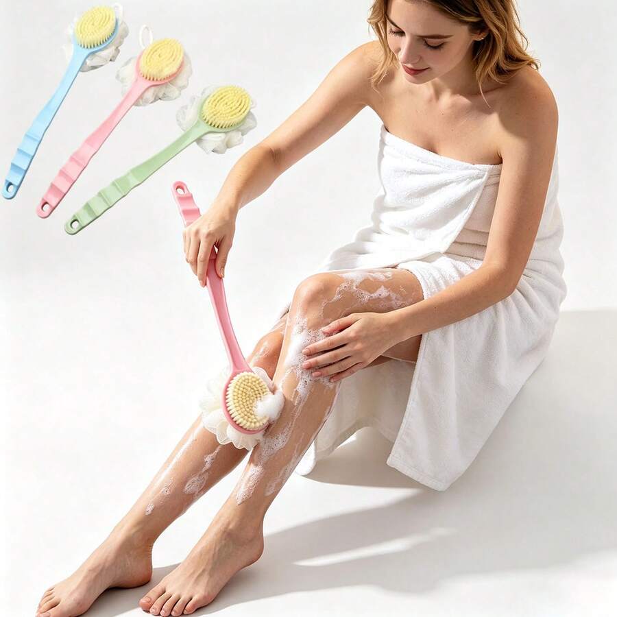 1pc Long Handle Double-Sided 2-In-1 Bath Brush (Hard Bristle Exfoliating + Bath Sponge Foaming), Multi-Function Back Exfoliating Brush, Back-To-School Double-Sided Shower Brush, Long Handle Powerful Cleaning Brush, Suitable For Exfoliation And Back Cleaning - One Size Fits All - View 1