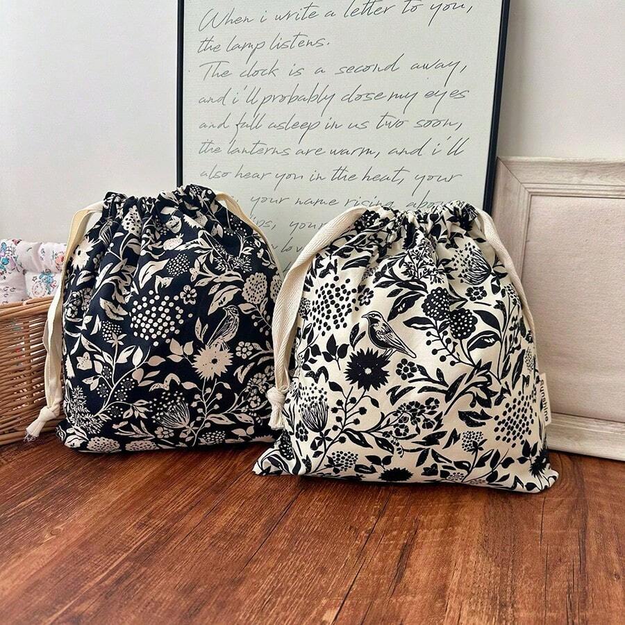 1pc Flower And Bird Printed Cotton Drawstring Storage Bag, Portable And Reusable Storage Bag - Multicolor - View 1