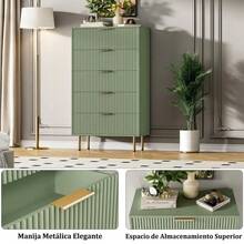 Amplio almacenamiento moderno - Cómoda alta de madera con 5 cajones acanalados, tiradores metálicos, ideal para dormitorio, sala de estar o entrada - Diseño elegante y funcional - Verde - Ver 1