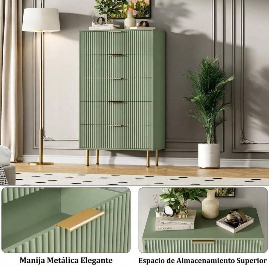 Amplio almacenamiento moderno - Cómoda alta de madera con 5 cajones acanalados, tiradores metálicos, ideal para dormitorio, sala de estar o entrada - Diseño elegante y funcional - Verde - Ver 1