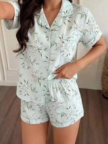 2件組女款舒適花卉印花短袖領口上衣與蝴蝶結短褲睡衣套裝，春夏款 - 杏色 - 查看 3