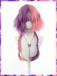 Short Pink And Purple Gradient Heat Resistant Synthetic Cosplay Wig For Anime Characters Halloween Role Play Party Layered Fluffy Style With Natural Curl Ends - Two-Tone - View 11