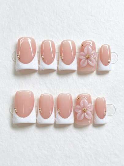 10Pcs Duckbill Reusable Handmade Nails, Jelly Nude Pink Textured White French Tips With 3D Light Pink Flowers & Tiny Gold Rhinestones. Elegant Bridal Style For Wedding, Date & Daily Wear, Ideal Gift For Girls.