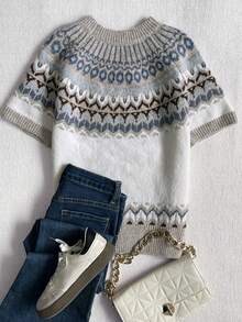 Third Introversion - Atasan Wanita Musim Panas untuk Semua Musim Motif Fair Isle Kerah Bulat Lengan Pendek Sweater Rajut Pullover - Bunga - View 5