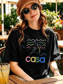 Women's Casual Colorful Graphic T-Shirt, Breathable, Graphic Design - Black - View 6