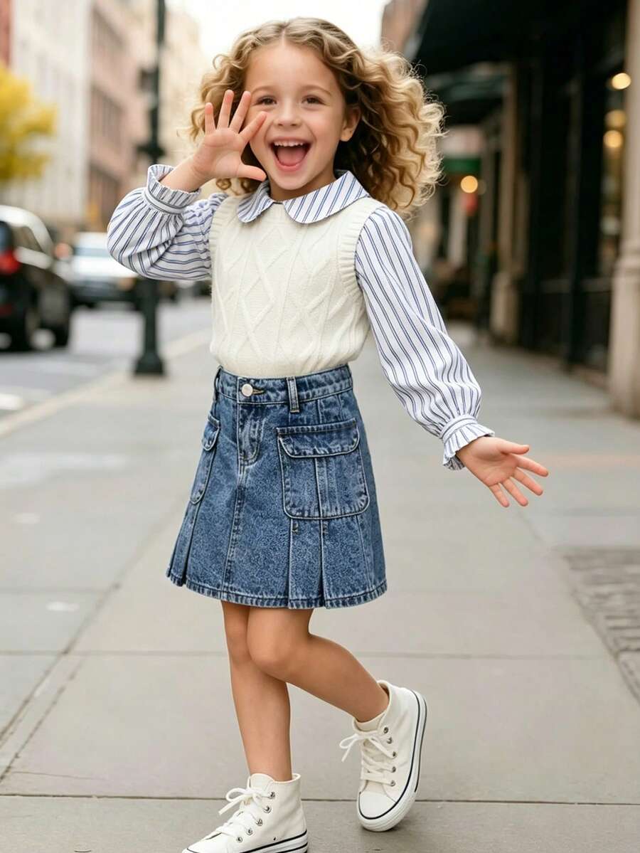 2-8 Years Young Girl Vintage Light Wash Denim Pleated Cargo Skirt With Pants, New Multi-Pocket Design, Flat Waistband With Built-In Elastic For Adjustable Fit, Knee-Length, Suitable For All Seasons, Acid Wash Process, Denim Pleated Utility Mini Skirt