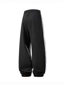 Men's Plus Size Outdoor Striped Drawstring Waist Pocket Casual Fashion Straight Leg Long Pants, Spring/Autumn, Minimalist Versatile - Black - View 4