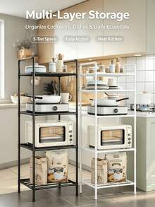 1pc 2-6 Tier White/Black Metal Multi-Function Storage Rack, Freestanding Stackable Microwave Storage Rack, Heavy Duty Space-Saving Stand, Suitable For Kitchen, Laundry Room And Dorm, Back To School And Moving Essentials - Multicolor - View 3