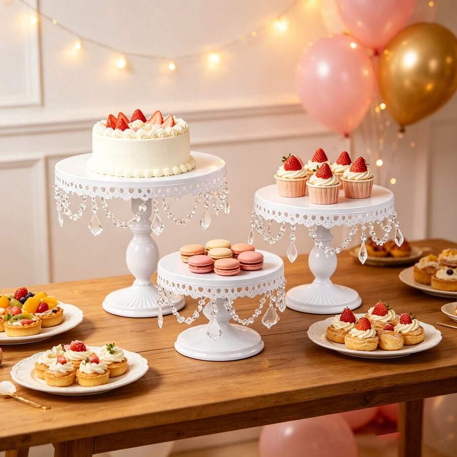 3Pcs Antique Cake Stand Set - Round Metal Cupcake Stands With Pendants And Beads - Elegant Dessert Display, For For Wedding, Birthday Party Decor, Gold/Champagne/Cream White,Holiday Decor,Christmas Gifts - 白色 - 查看 1