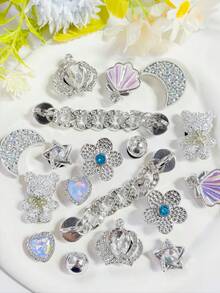 18pcs Silver Rhinestone Shoe Charm Set, Crown Moon Bear Shell Chain Detachable Accessories, Fits Garden Shoes Clogs Sandals Flip Flops, Holiday Gift - Silver - View 2