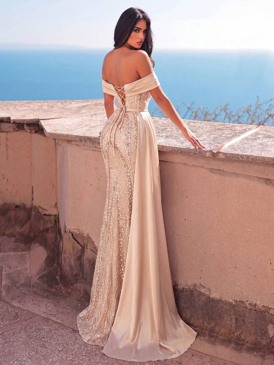 Faeriesty Haute Glamour Elegant Beaded Off-Shoulder Evening Gown With Side Draping And Mermaid Hem Party Wedding Fall