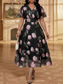 Fleurora Plus Size Women's Dress,Floral V-Neck Flared Sleeve Vintage Wedding Guest Vacation Elegant Summer - Multicolor - View 3