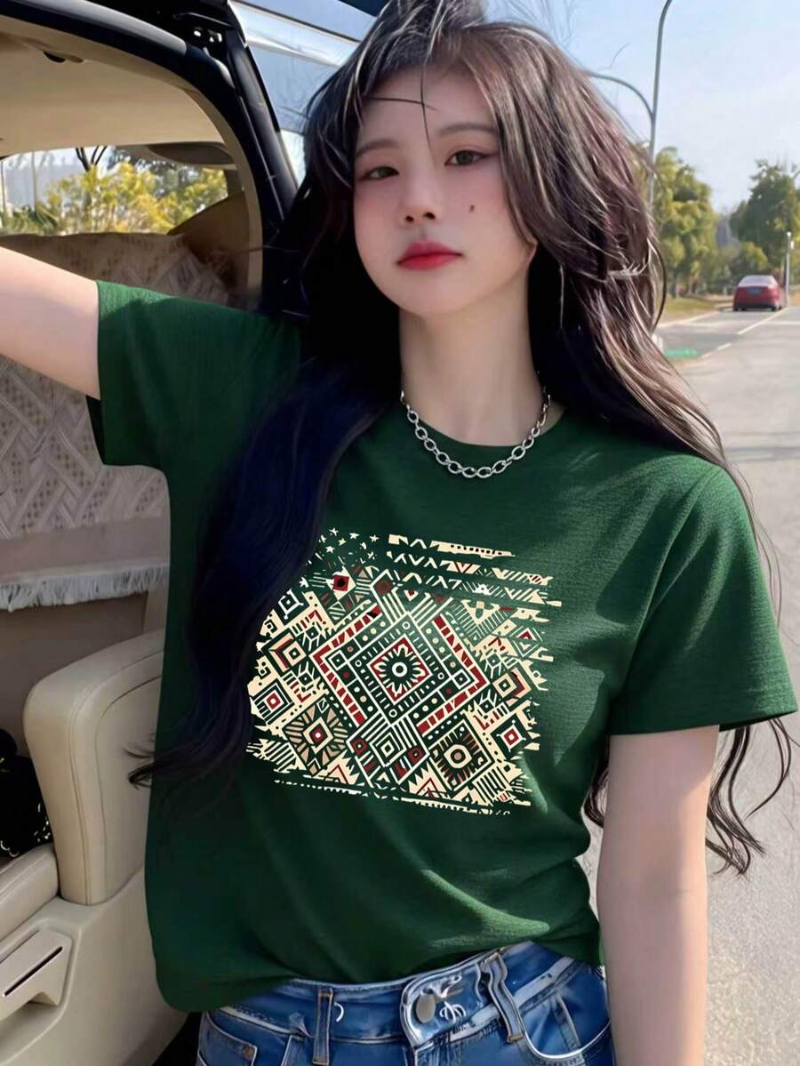 橄榄绿短袖T恤女款,夏季新款美式复古波西米亚印花修身露脐休闲上衣 - 墨綠色 - 查看 1