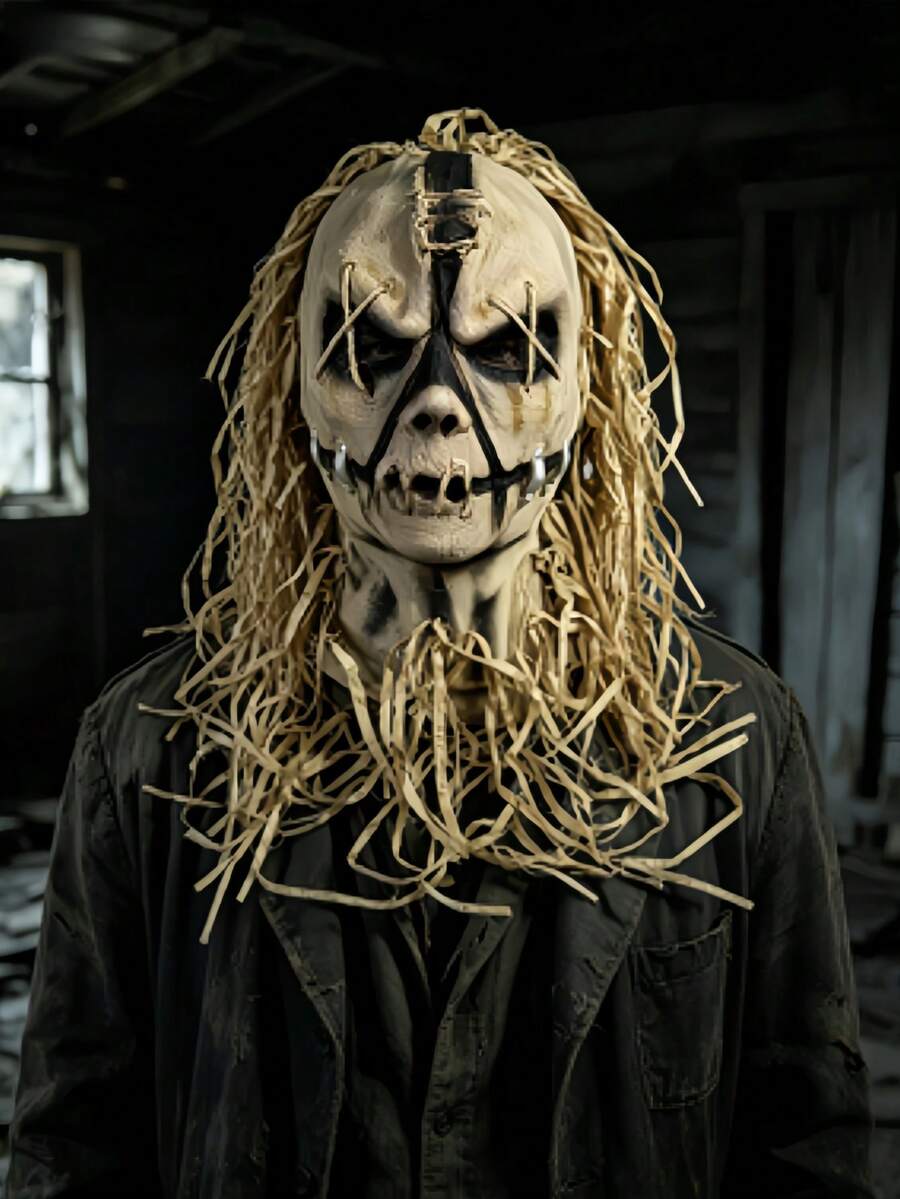 1pc Halloween Burlap Scarecrow Mask Haunted House Escape Room Mystery Bar Party Costume Latex Head Cover - Multicolor - View 1