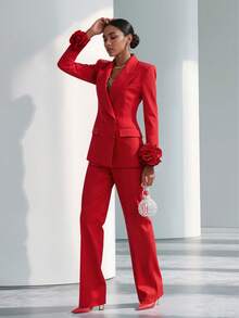 Spring/Autumn Women's Urban Elegant Solid Color Long Sleeve Blazer With 3D Floral Cuff Decor, Double-Breasted Jacket And Straight Leg Pants Red Fall - Red - View 6