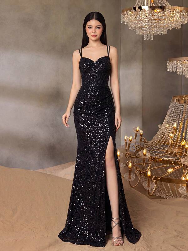 ALISA&LEO Teen Girls Spaghetti Strap Sequin Fitted Formal Dress, Ruched Bust Design, Criss-Cross Open Back And Slit Hem, Suitable For Prom, Celebration Formal Occasions