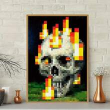 1pc Unframed Pixel Art Skull Canvas Poster - Retro Game Style Wall Arts Decoration, Red Orange Yellow Black Flame Design, For Halloween, Living Room, Office Decor, Gothic Home Decor - 222 - View 1