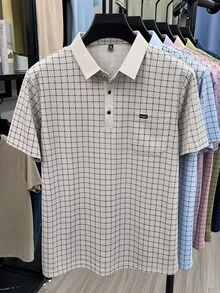 Pro Man Wardrobe Business Kleinkariertes Poloshirt mit Tasche Kurzarm Pendler Bürokleidung - Aprikosenfarben - Übersicht 2