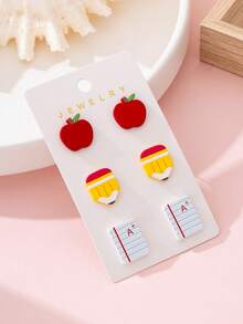 3 Pairs/Set Teacher's Day Apple Pencil Notebook Enamel Faux Soft Clay Design Women's Jewelry Stud Earrings Set, Gift For Teachers And Students - Multicolor - View 3