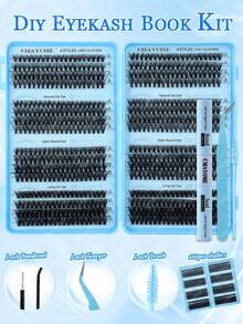 640/544/200簇 D捲度單根假睫毛，含黏著劑與密封劑、鑷子、睫毛刷，大容量DIY居家接睫毛套組，適合初學者，自然蓬鬆經典束感，持久便攜假睫毛書 - 藍色 - 查看 7