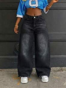 Women's Vintage Frayed Hem Wide Leg Denim Jeans - Black - View 1