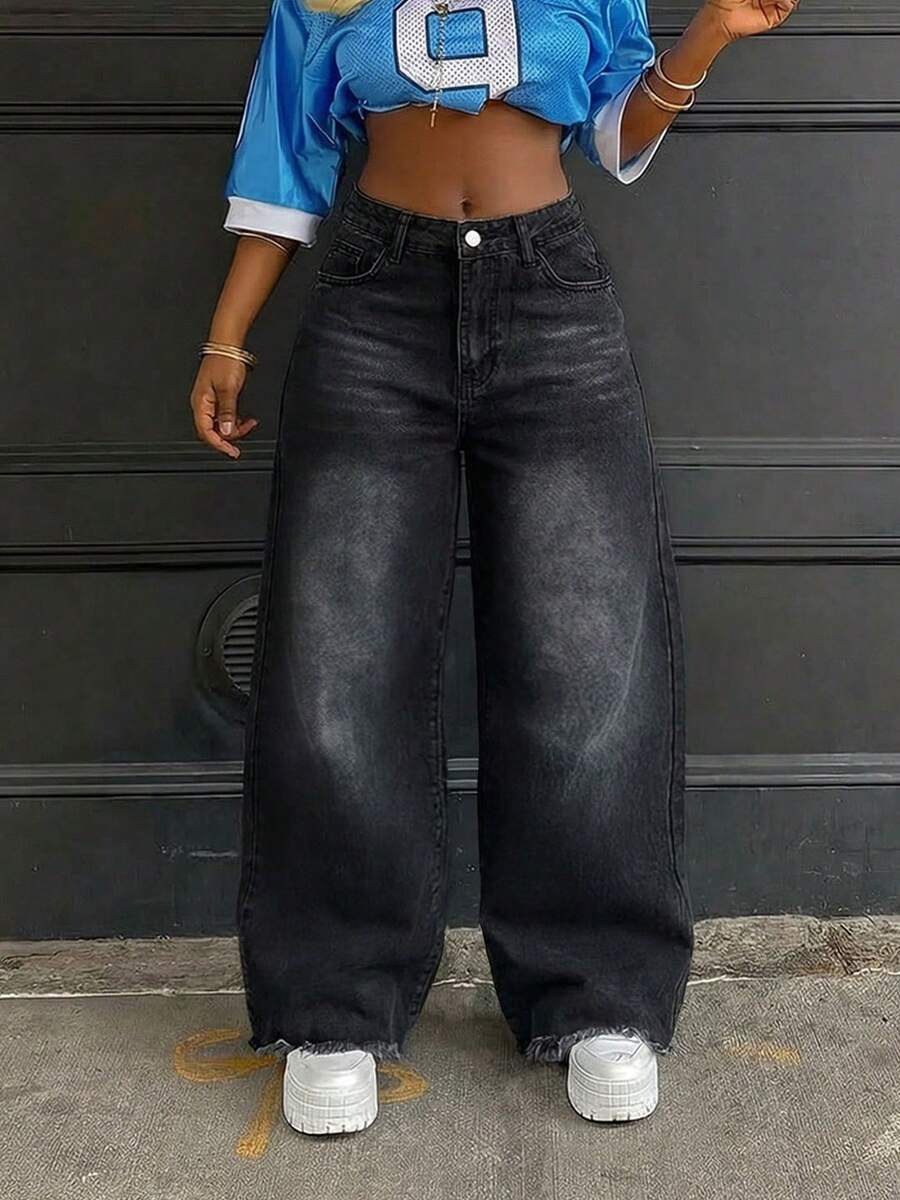 Women's Vintage Frayed Hem Wide Leg Denim Jeans - Black - View 1