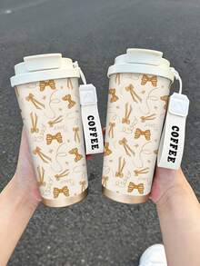 1pc/5pcs 500ml Elegant Gold Bow Water Cup, Double-Wall Stainless Steel Insulated Tumbler For All Seasons Outdoor Travel, Cream White Base With Vintage Gold Ribbon Bow Print Design, Portable Coffee Cup With Lanyard, Gift For Girlfriend, Couple Cup, Suitable For Daily Commute And Best Friends - Apricot-brown Bow - View 5