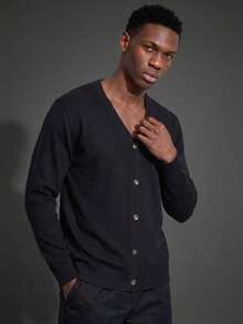 Camvyn Men's Spring/Autumn Casual Fashion Versatile Fine Knit Long Sleeve Jacket - Black - View 1