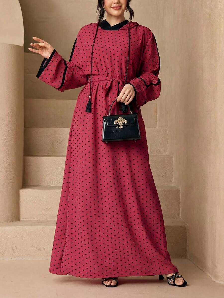時尚百搭波點連帽長款女款 2 件套優雅柔軟 Abaya 外罩袍 + 腰帶套裝 防曬穆斯林服飾披肩 - 玫紅色 - 查看 1