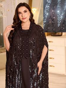 Plus Size V-Neck Brown Batwing Sleeve Maxi Dress, Asymmetric Color Block Sequin Applique, Elegant Women's Modest 2-Piece Dress Set Vacation Fall - Chocolate Brown - View 3