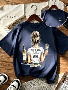 Atasan Rajut Lengan Pendek Panjang Reguler Ukuran Plus untuk Wanita, Dicetak dengan Motif "Just A Girl That Loves Wine", Cocok untuk Pakaian Sehari-hari di Musim Panas - Navy Blue - View 1