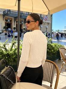 Women's College Style Cable Knit Cardigan, Long Sleeve Round Neck Front Button Sweater, Suitable For Autumn/Winter - White - View 4